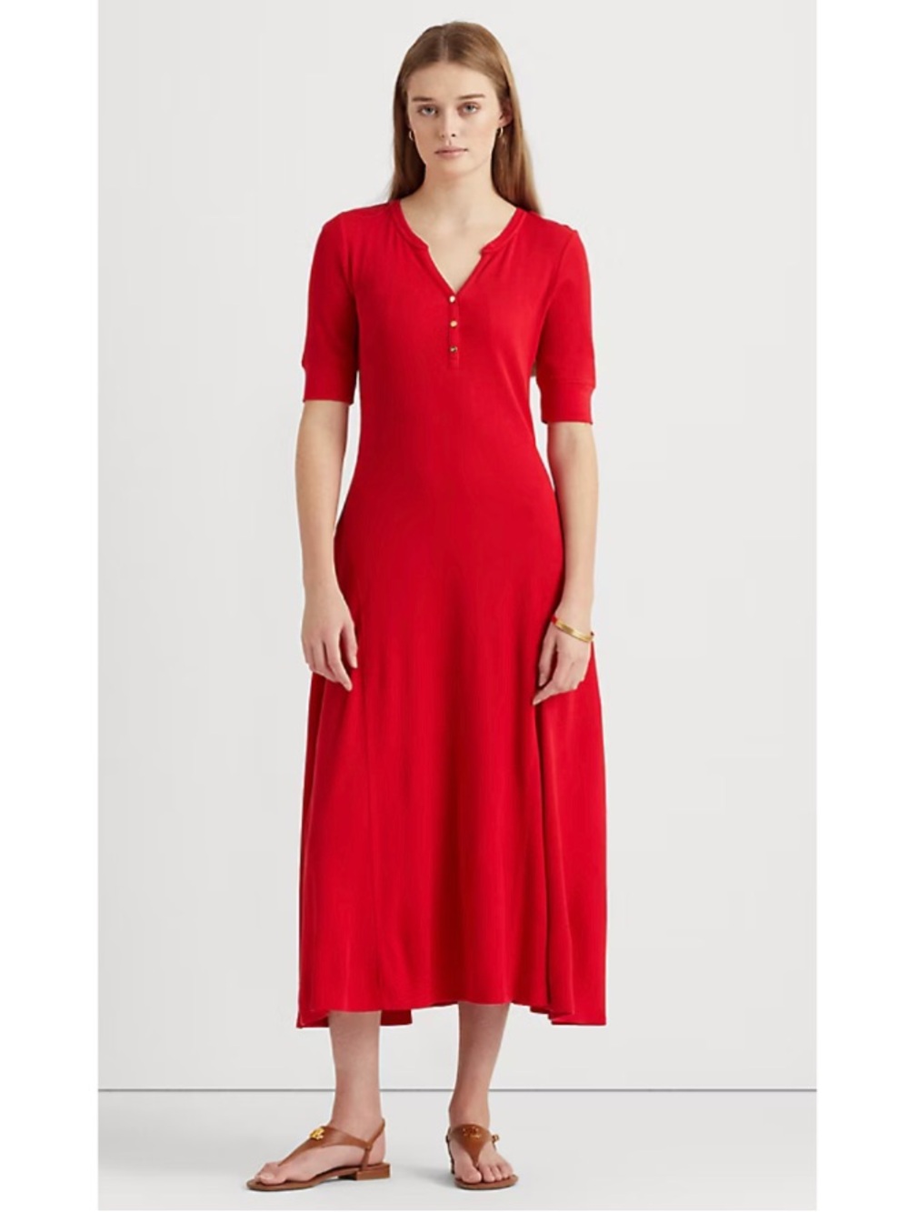 Lauren Ralph Lauren Black Label Cotton Henley Thermal Midi Dress Red Small
